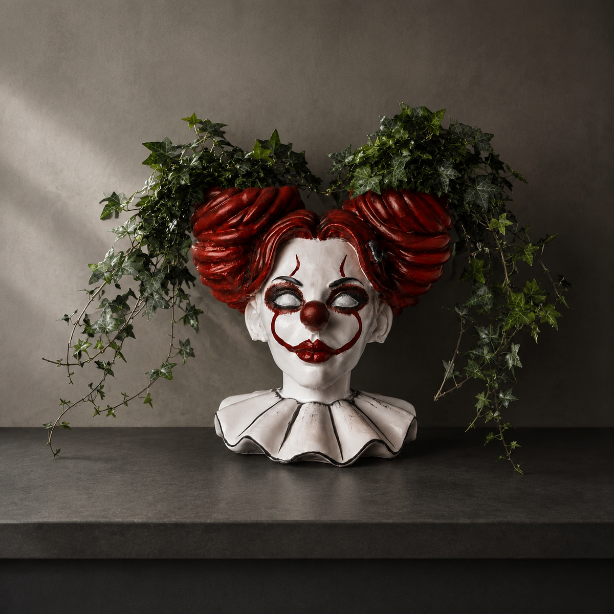 Horror Clown Planter | The Last Laugh, white clown bust with red hair and dark eye makeup
