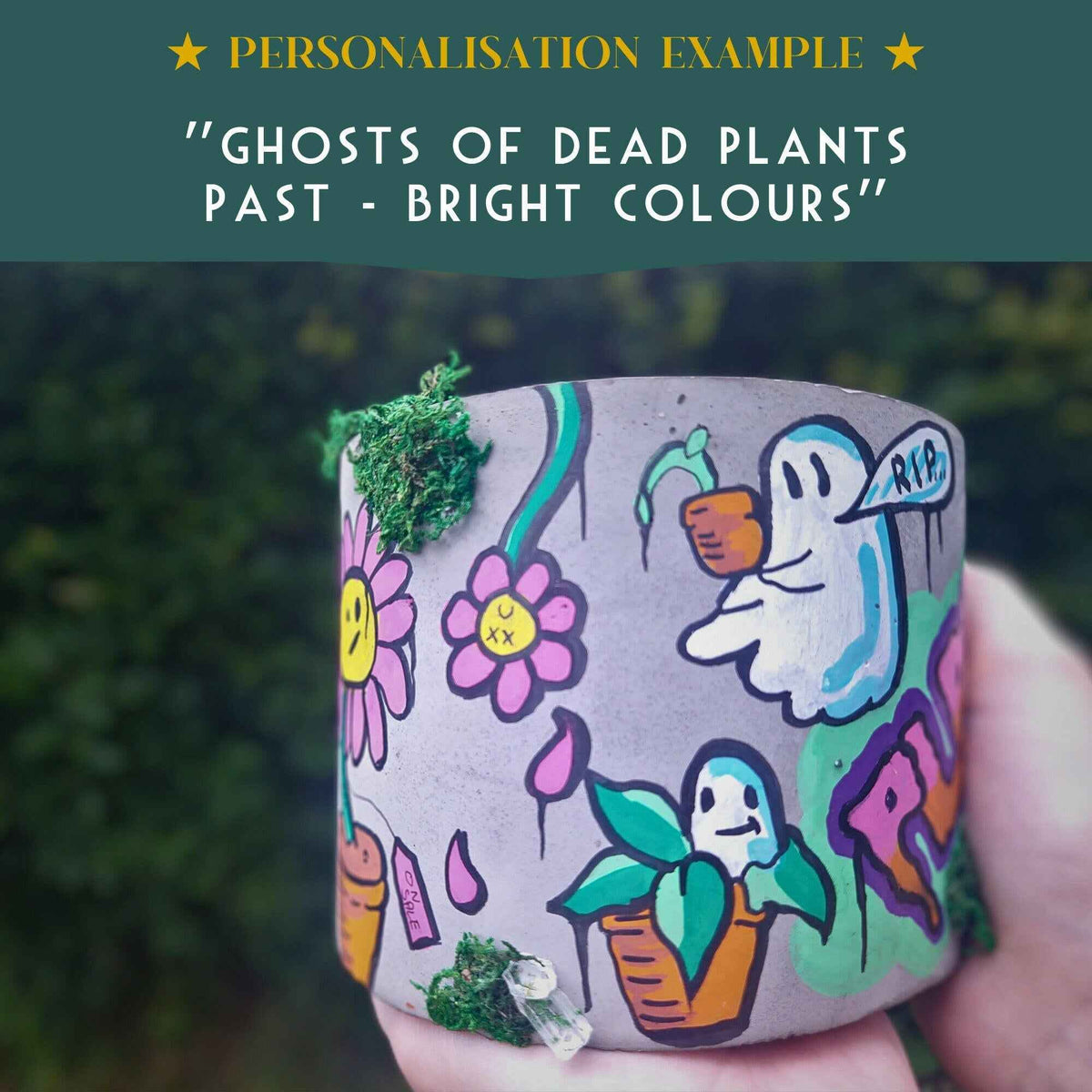 Personalisation example with ghosts, flowers and bright graffiti colours