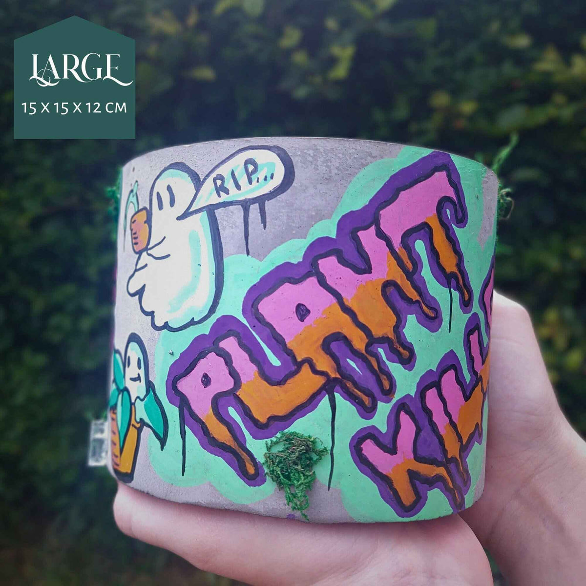 Large personalised graffiti planter, 15 x 15 x 12 cm, held in hand