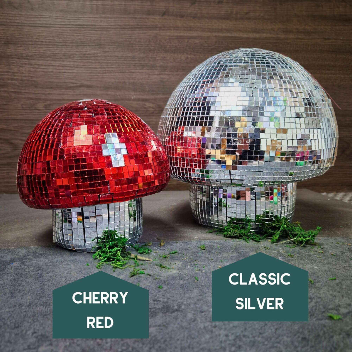 Cherry red and classic silver disco mushroom size and colour comparison