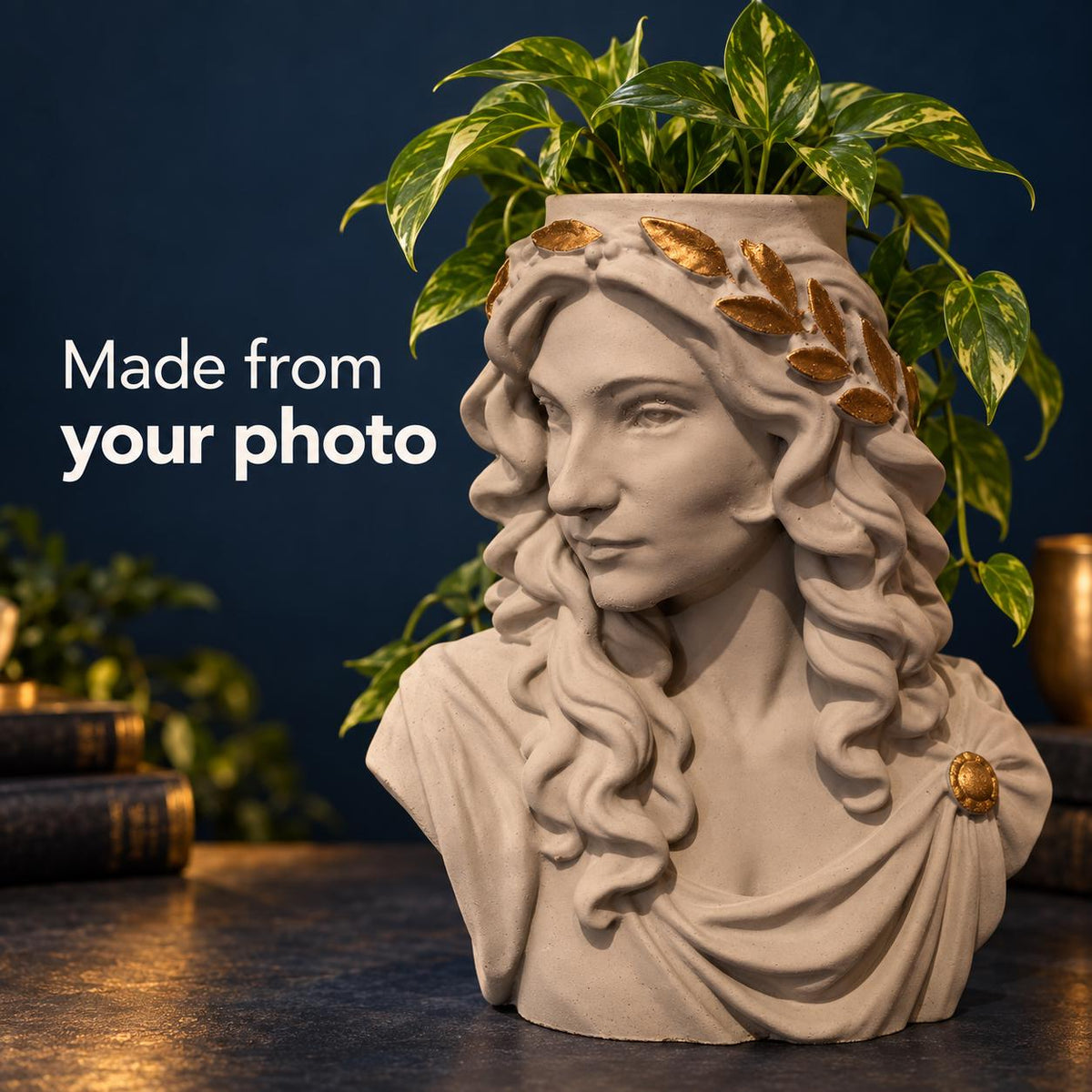 Custom portrait planter made from your photo, shown in a dark navy classical scene