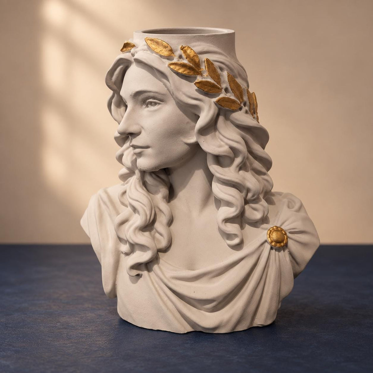 Full view of the classical custom portrait head planter with gold laurel detail