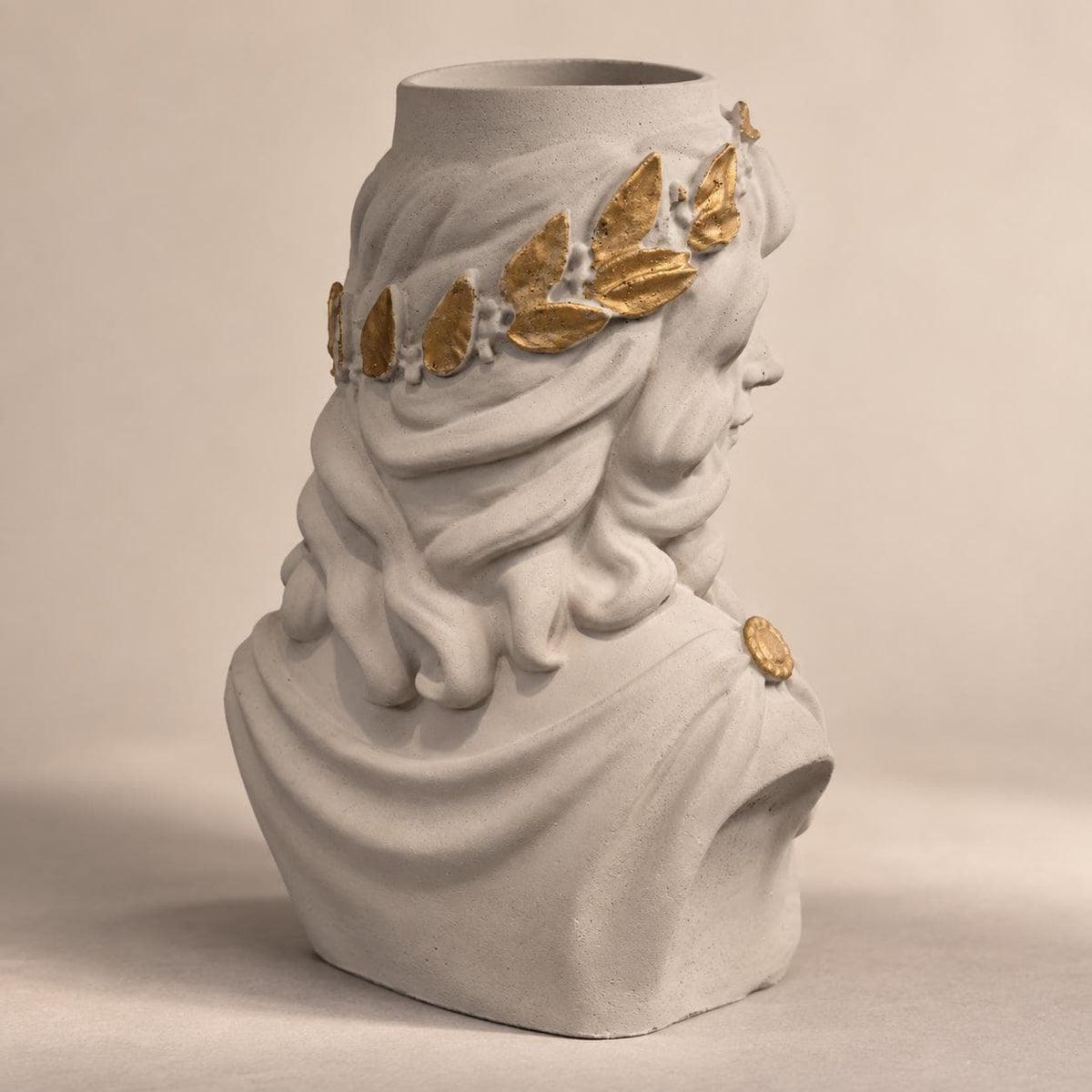 Rear three-quarter view showing sculpted curls and planter form