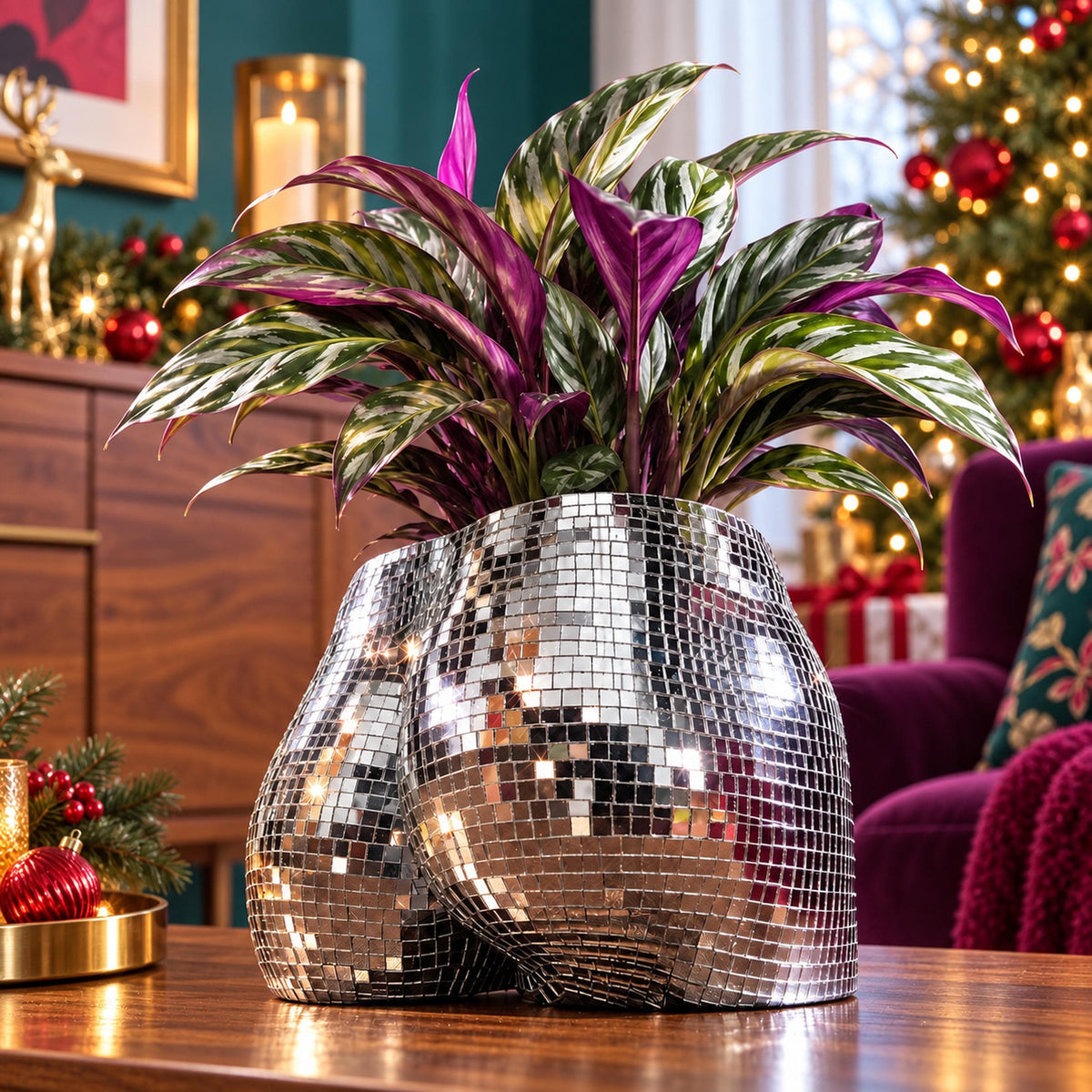 Pair of silver mirror mosaic torso planters with leafy plants on a purple studio backdrop