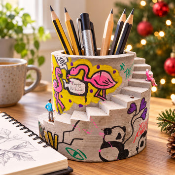 Planted custom graffiti stairwell planter with pink flamingo artwork