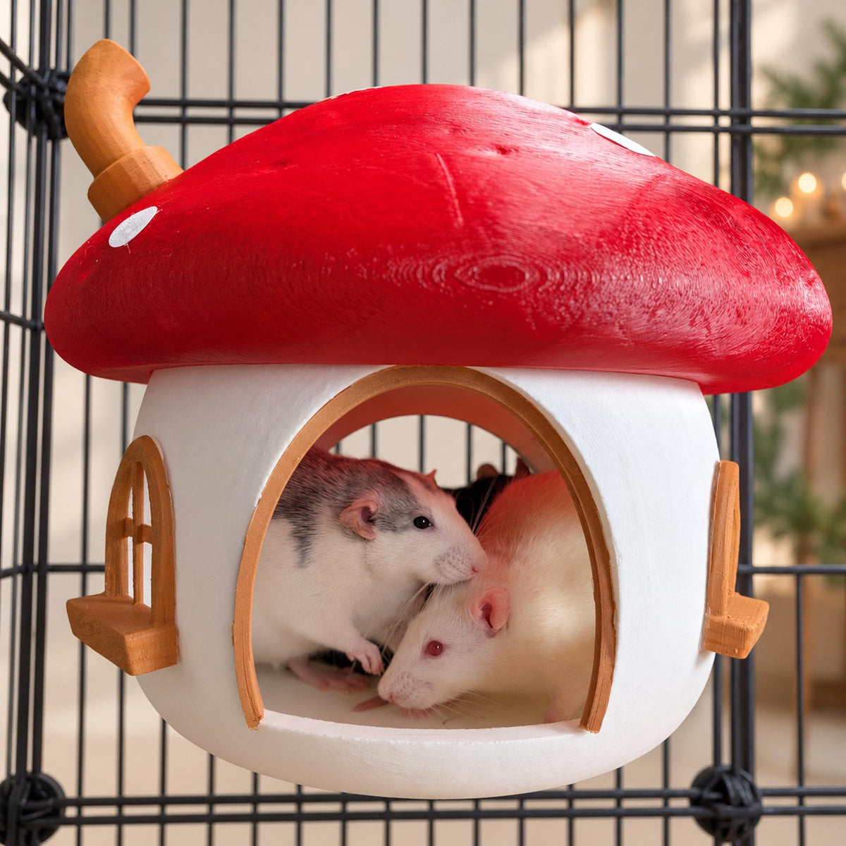 Two pet rats inside a red and white mushroom-shaped cage hide