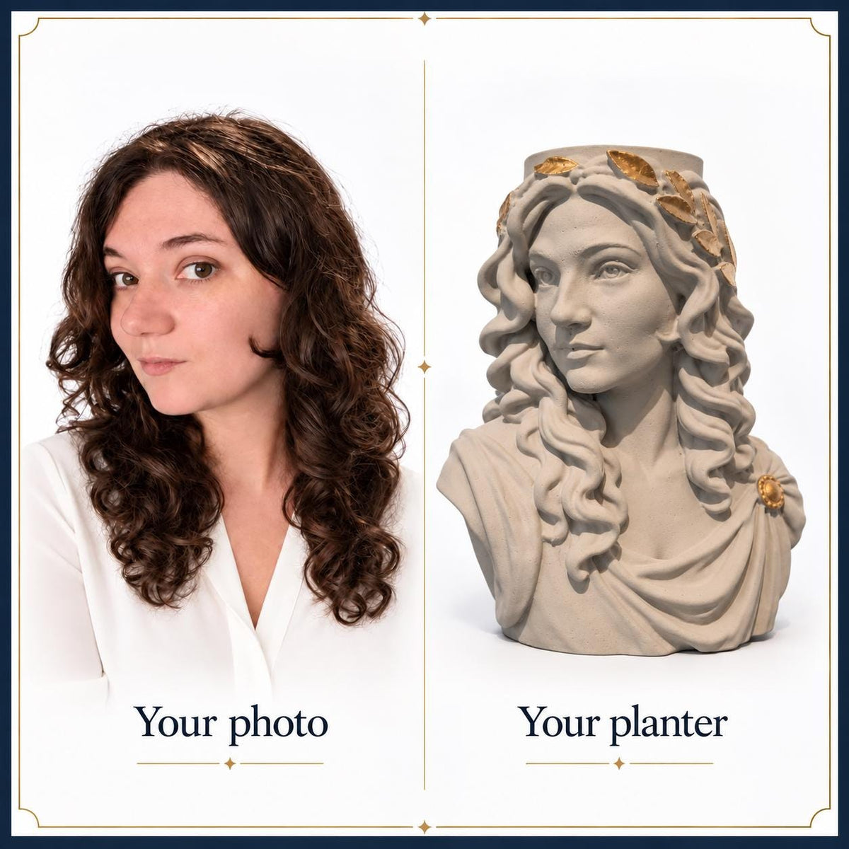 Original portrait beside the finished custom planter