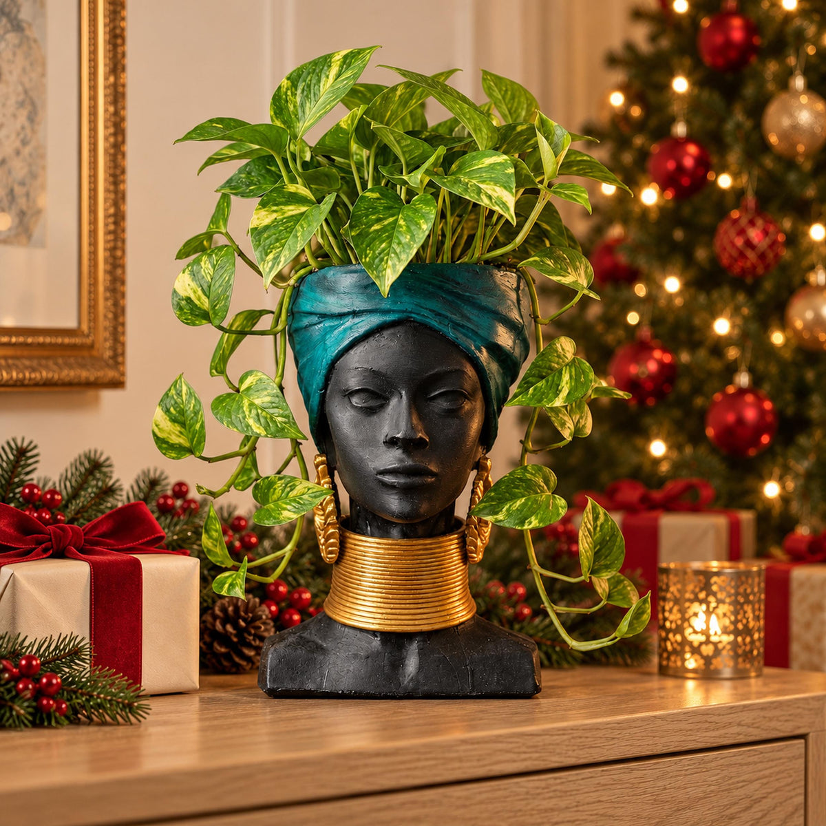 Golden Grace African Woman Head Planter - Studio planted front