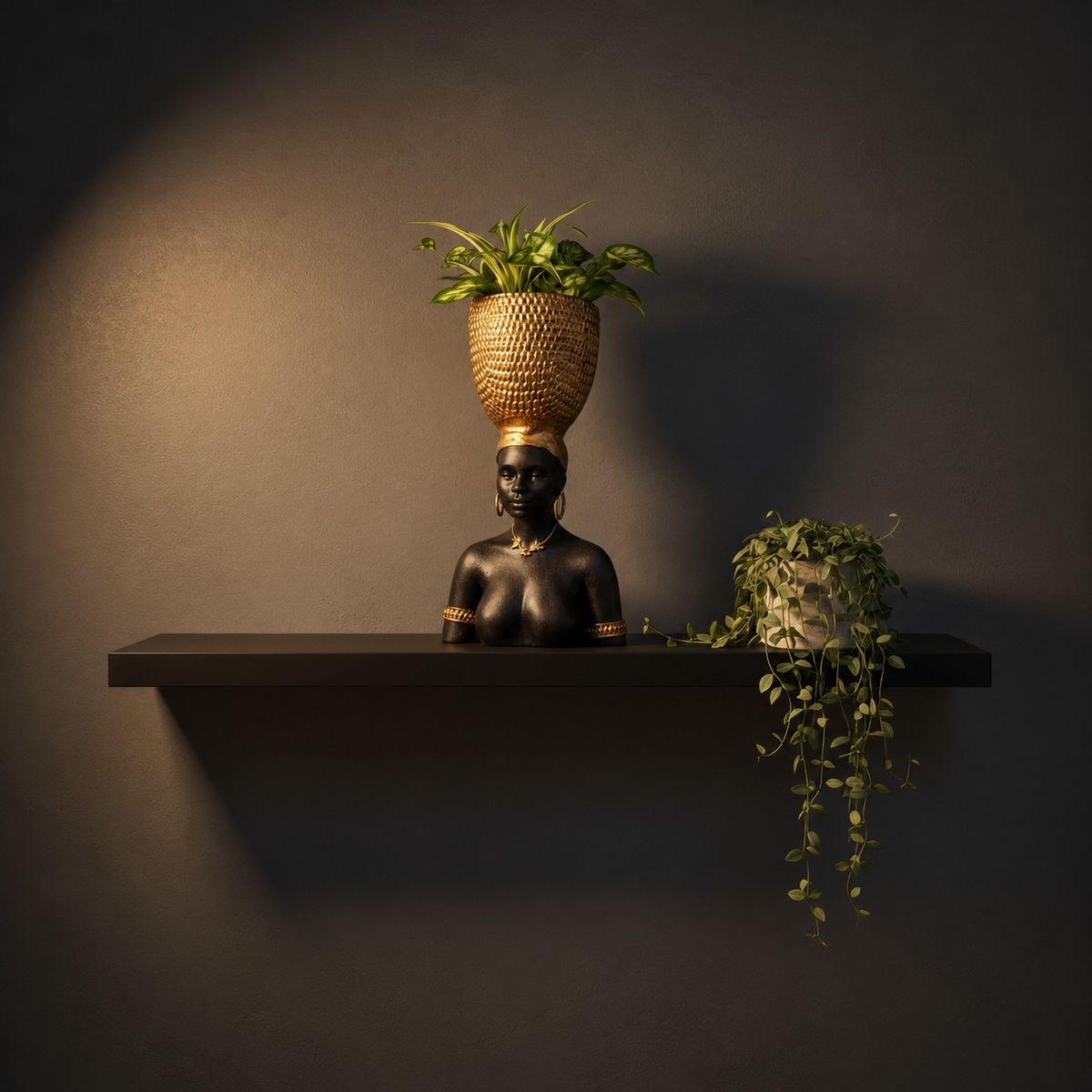 Harvest Goddess planter with a small plant displayed on a wall shelf