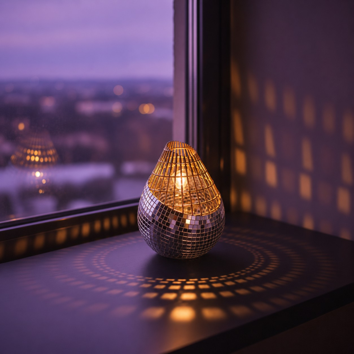 Mirror mosaic vase by window at dusk