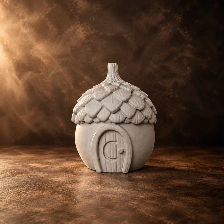 Cast stone acorn house keepsake urn with personalised initial on the door frame