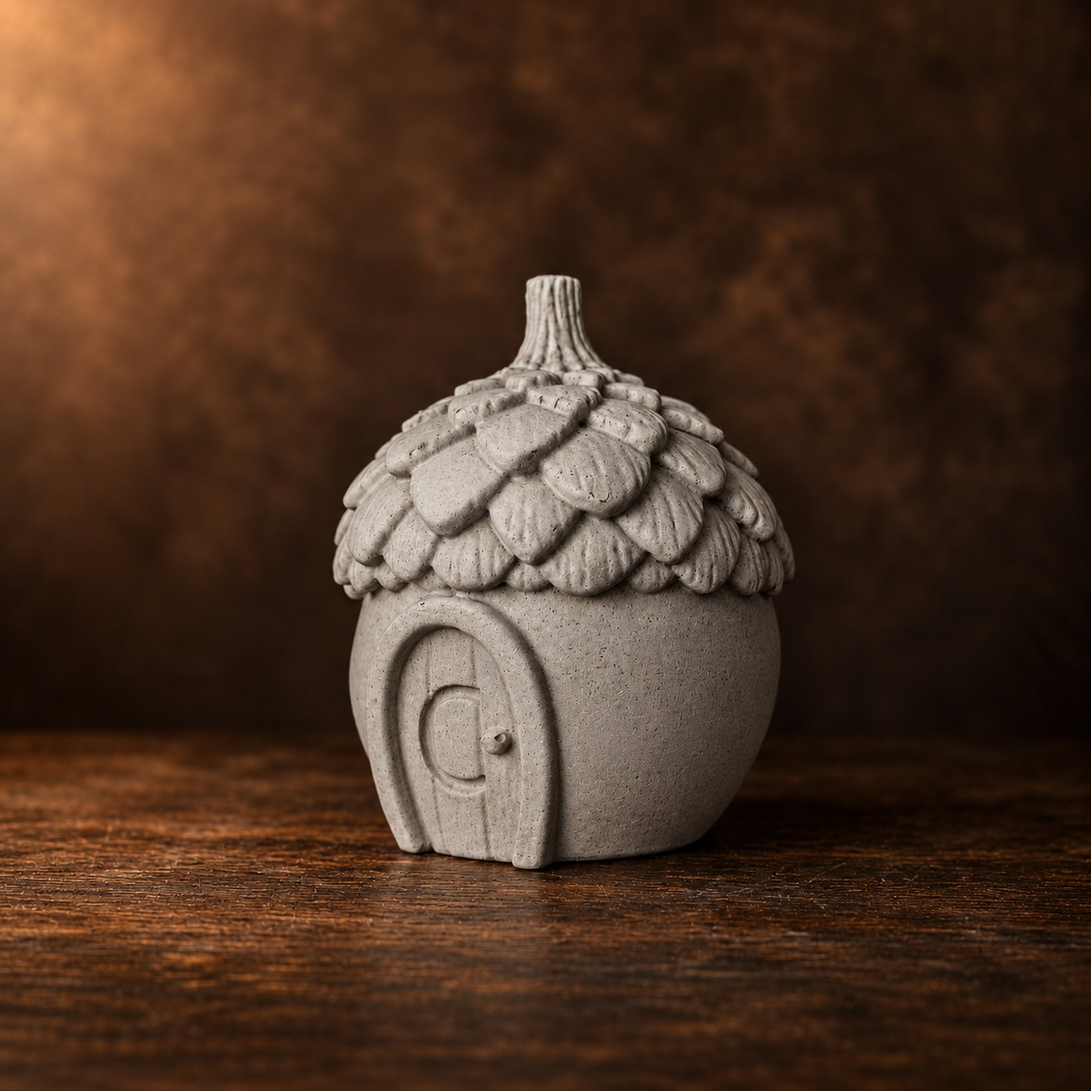 Close view of the acorn house small pet urn showing leaf roof and stone texture