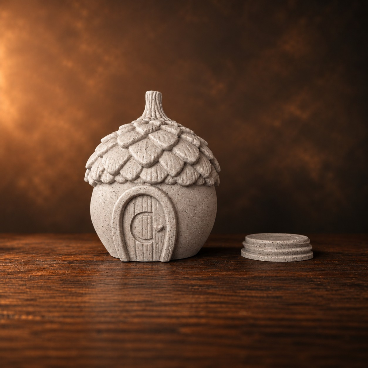 Acorn house keepsake urn with removable base shown beside the urn