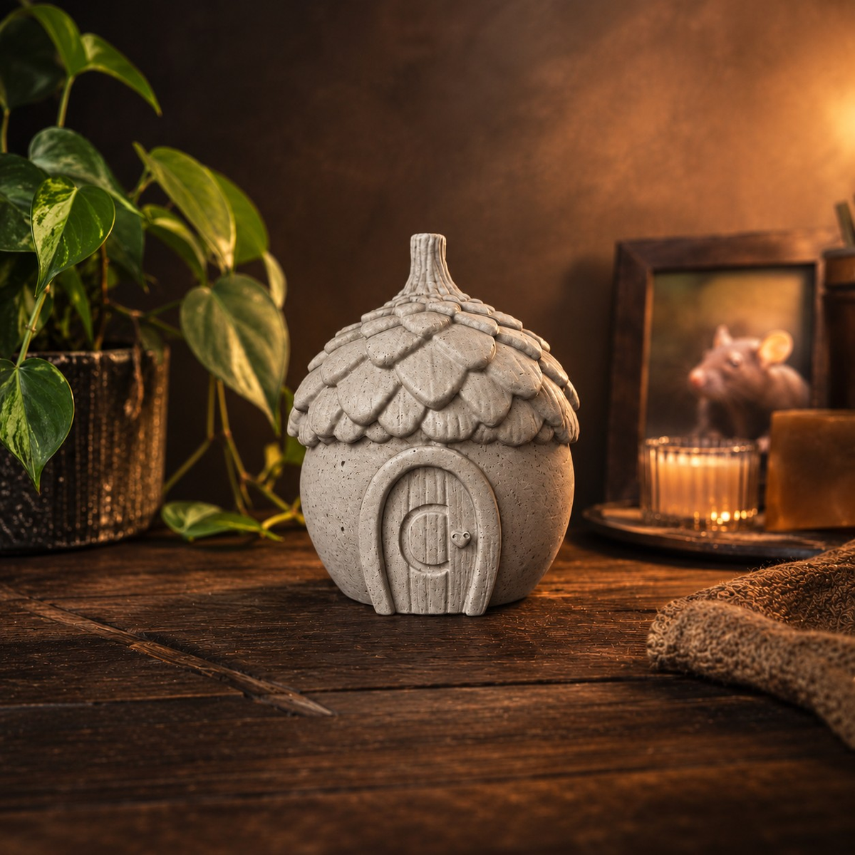 Memorial Acorn House Keepsake Urn, Acorn house small pet urn styled with plant, candle and framed pet photo