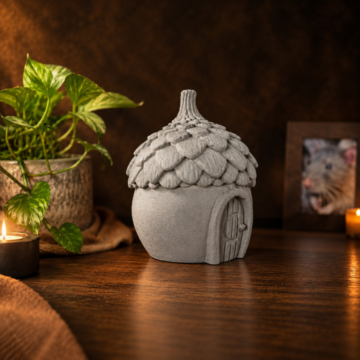 Side view of the cast stone acorn house keepsake urn with pet memorial styling