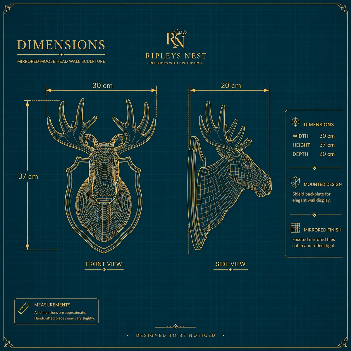 Mirrorball Moose dimensions diagram showing 37 cm high by 30 cm wide by 20 cm deep