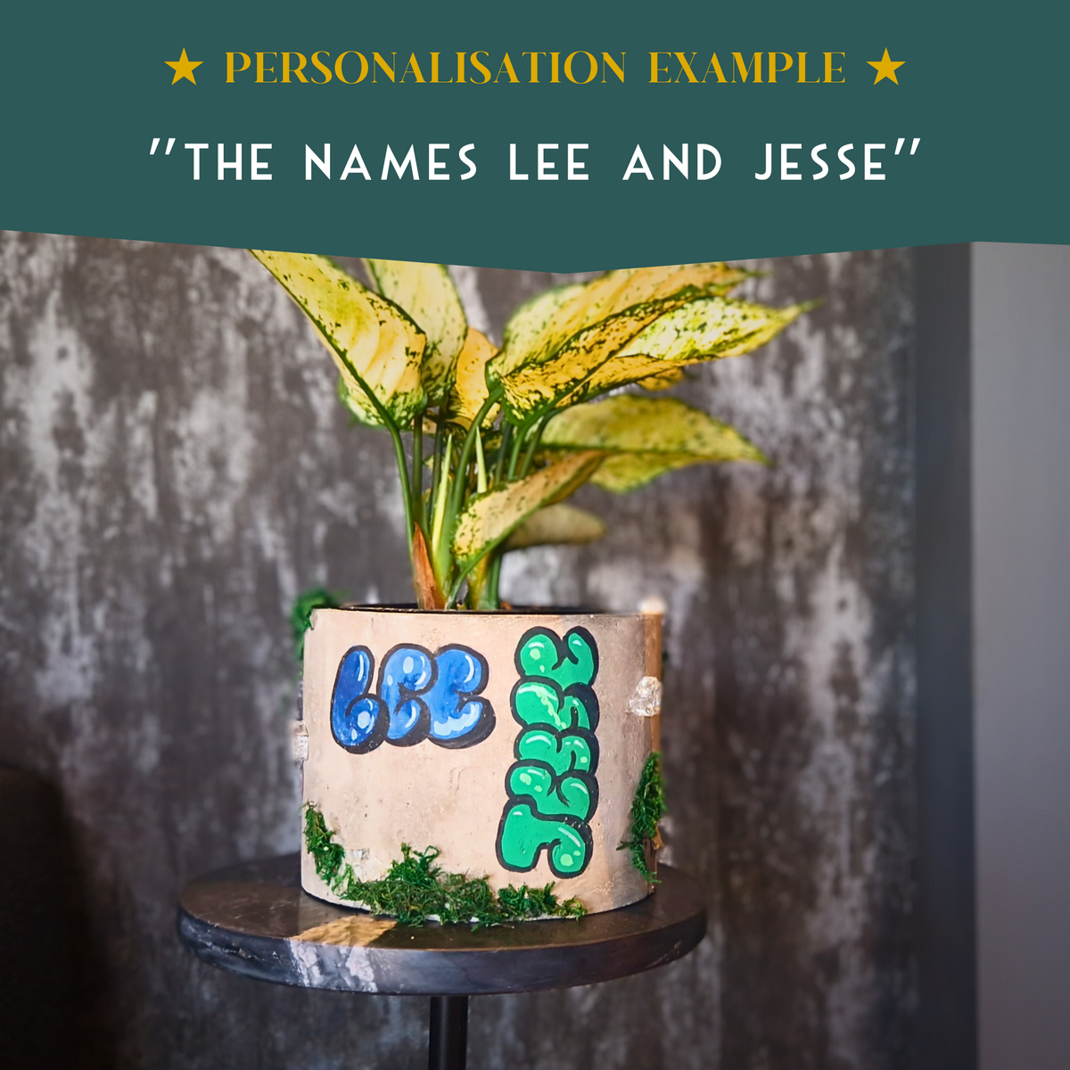 Lee and Jesse personalisation example on a planted graffiti pot
