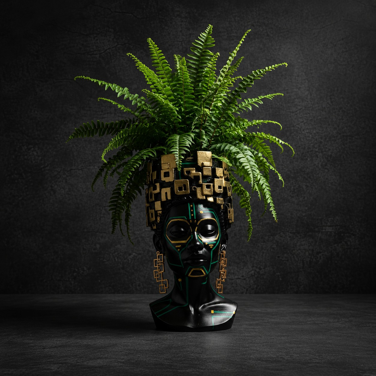The Motherboard head planter with a fern on a dark studio background