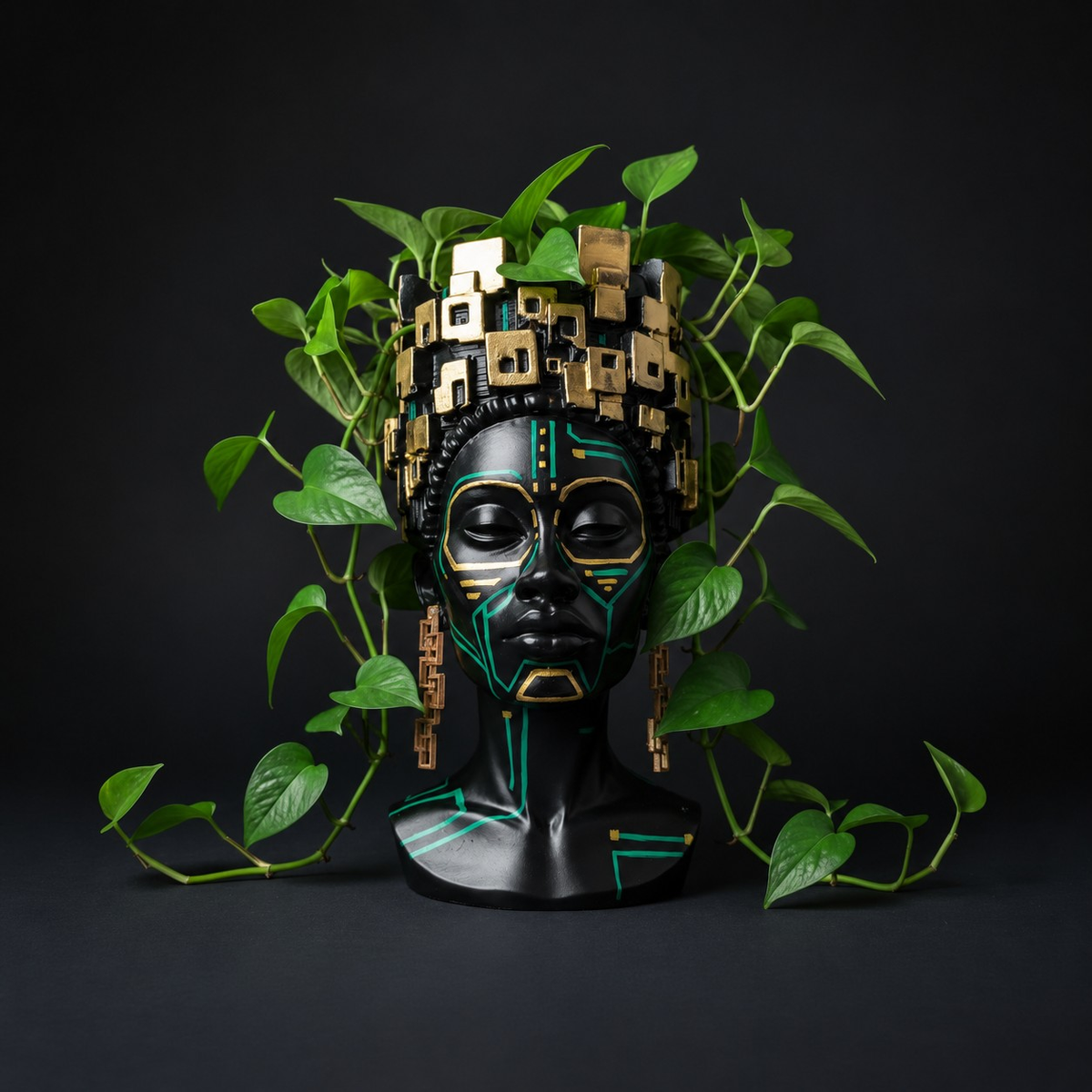 The Motherboard head planter with trailing pothos around its black, gold and teal face