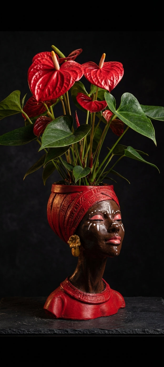 Red Afro woman head planter filled with red anthurium flowers