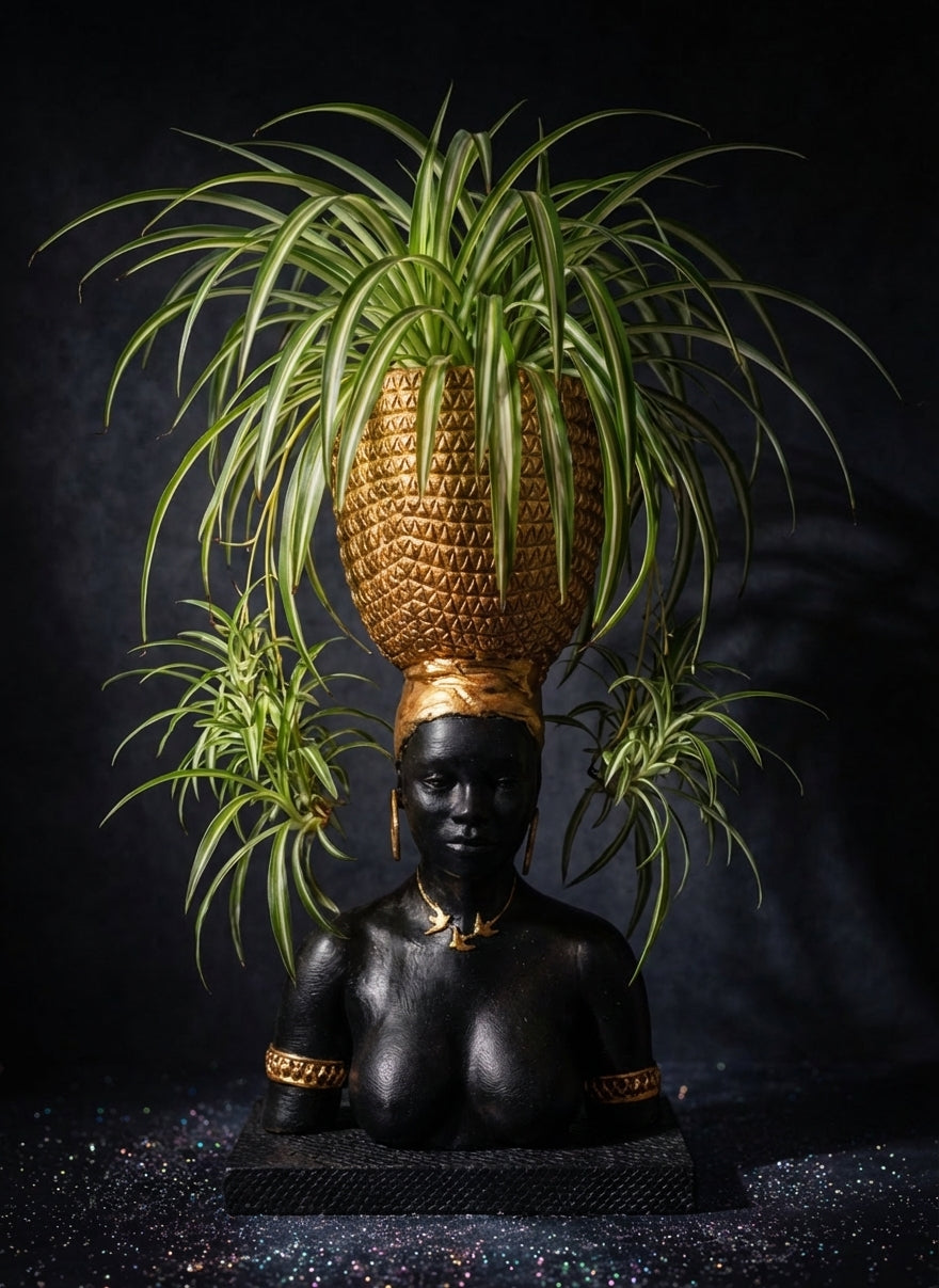 Harvest Goddess cast stone planter with spider plant against a black backdrop
