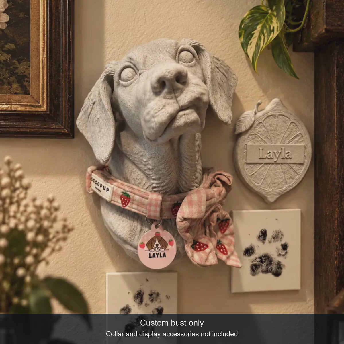 Example custom pet collar wall bust. Bust only; collar and display accessories not included.