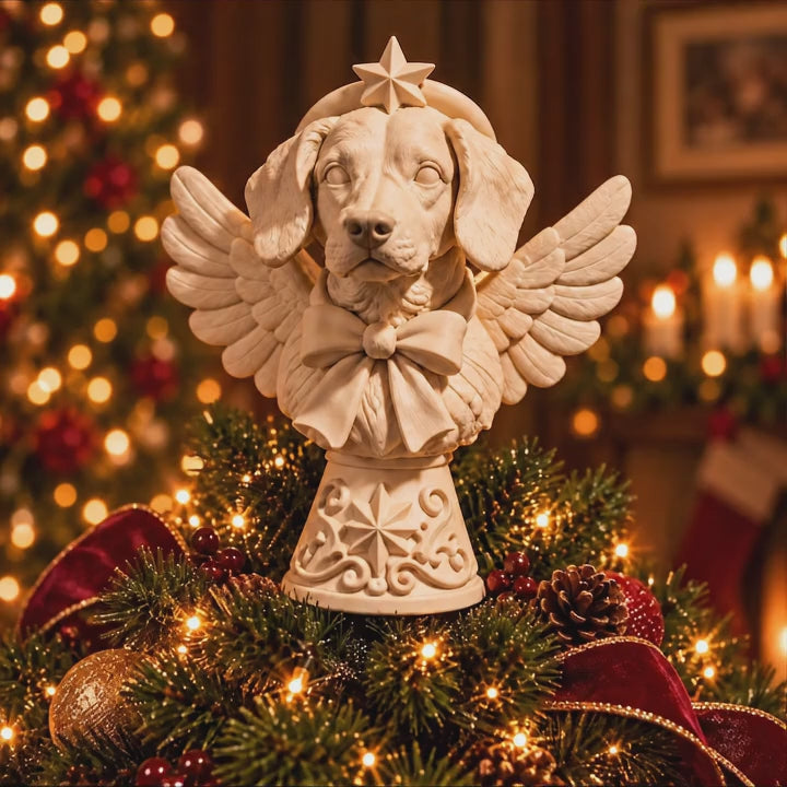 Ivory sculpted dog Christmas tree topper on a decorated tree, zooming in on the face