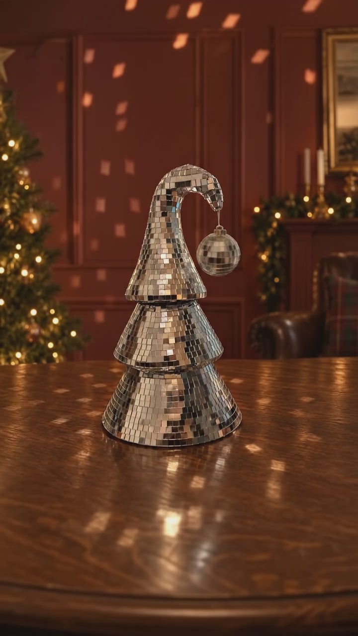 Mirror Ball Christmas Tree with hanging bauble in a festive setting