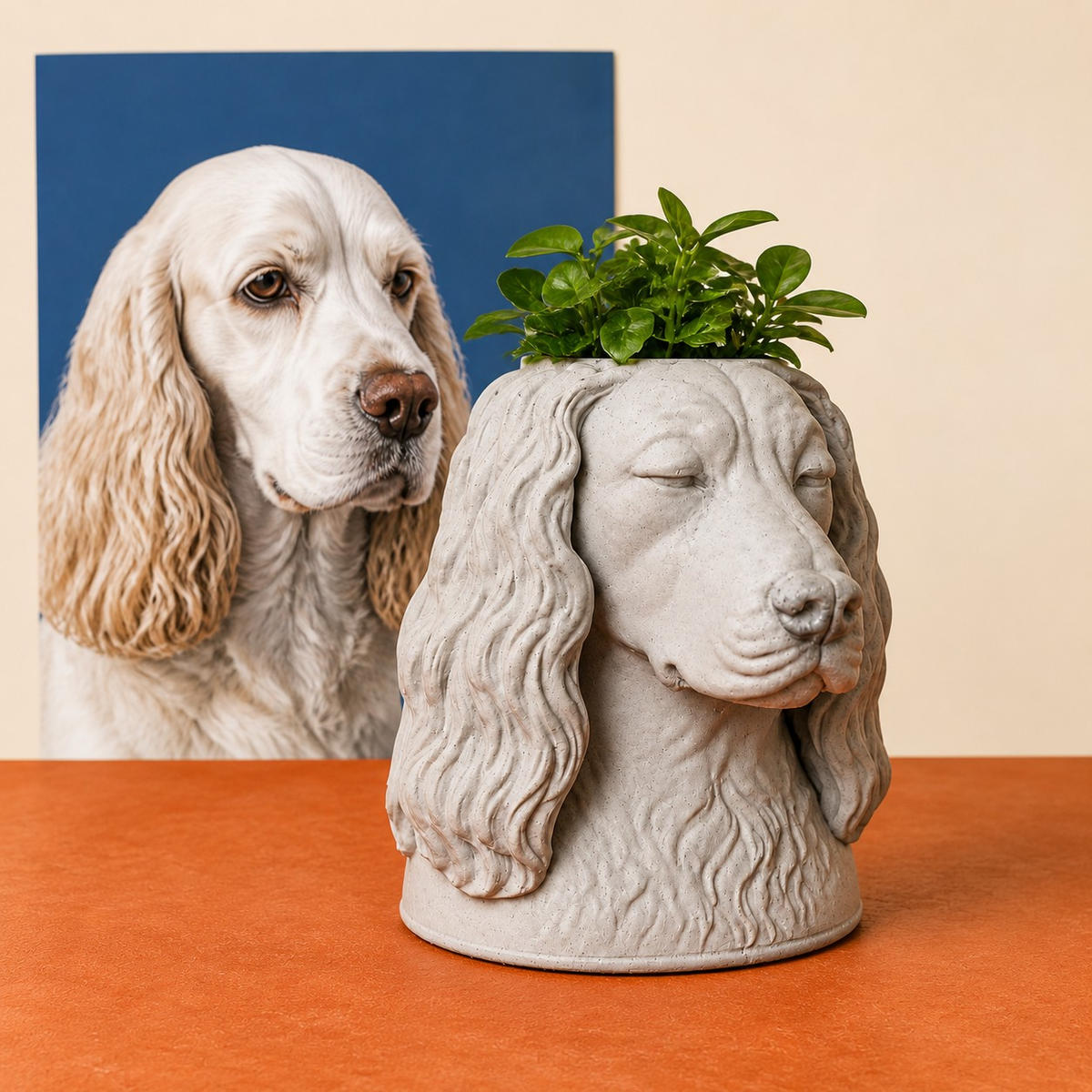 Custom dog portrait planter beside the pet photograph that inspired it