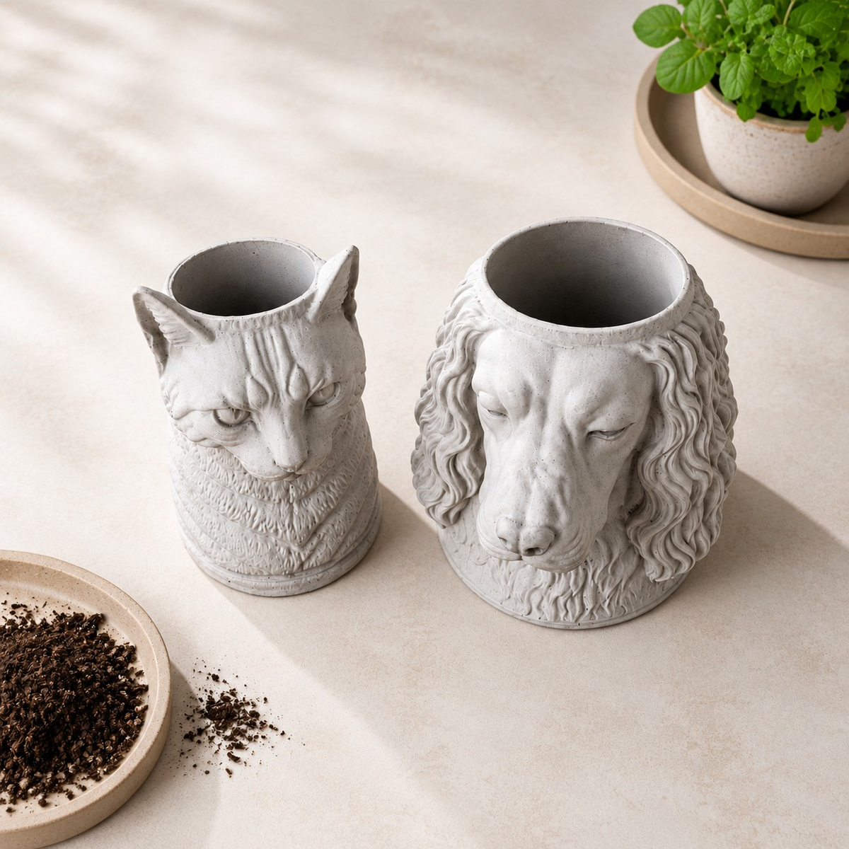 Dog and cat portrait planters showing their planting openings