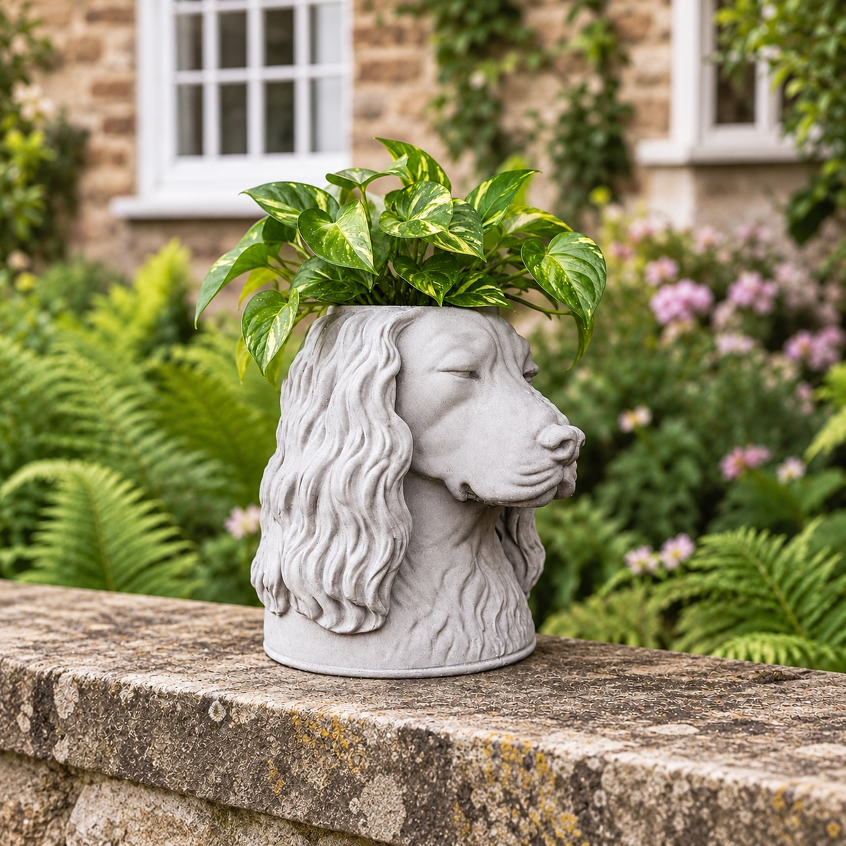Custom stone dog planter displayed outdoors in a garden