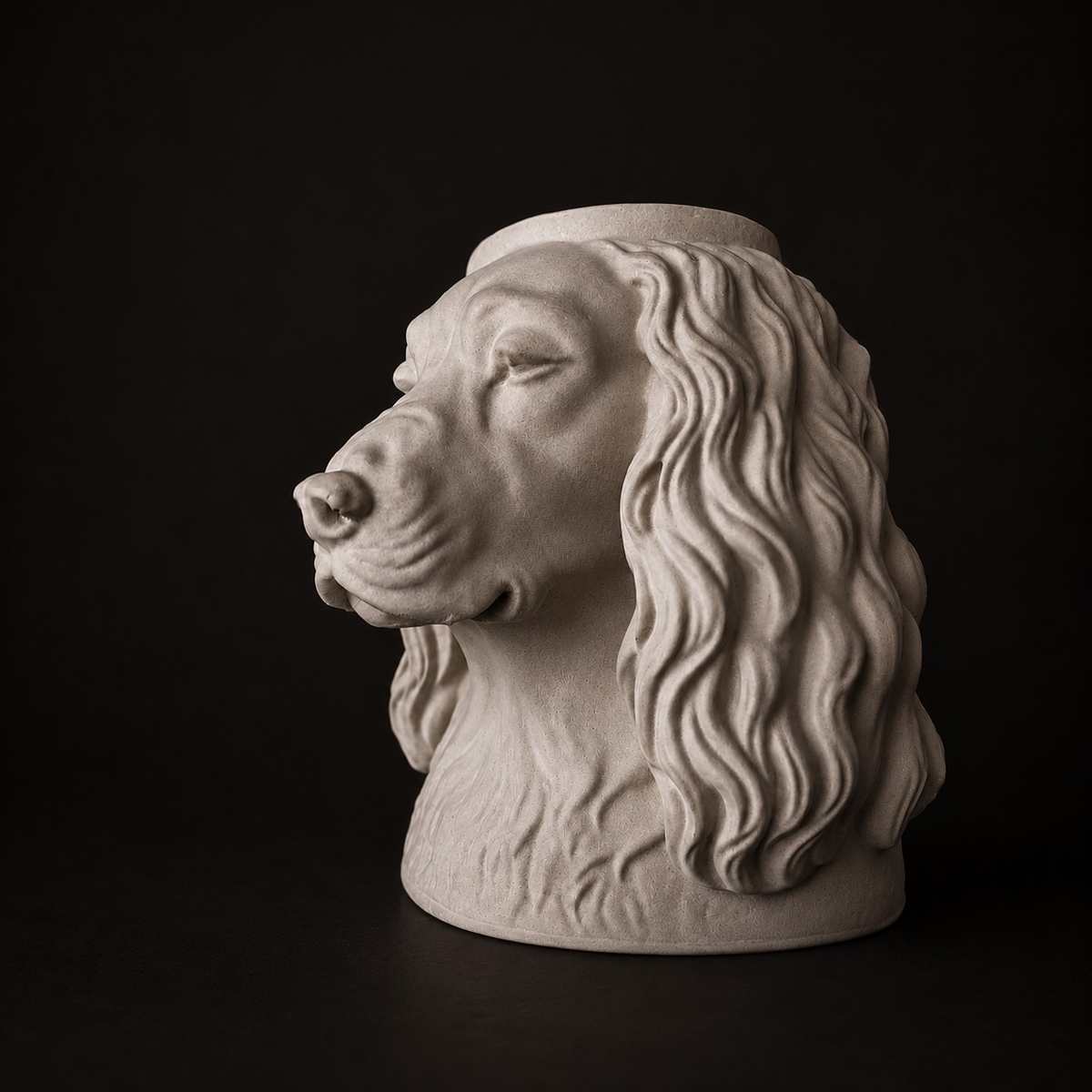 Close-up of the cast stone texture and pet portrait detail