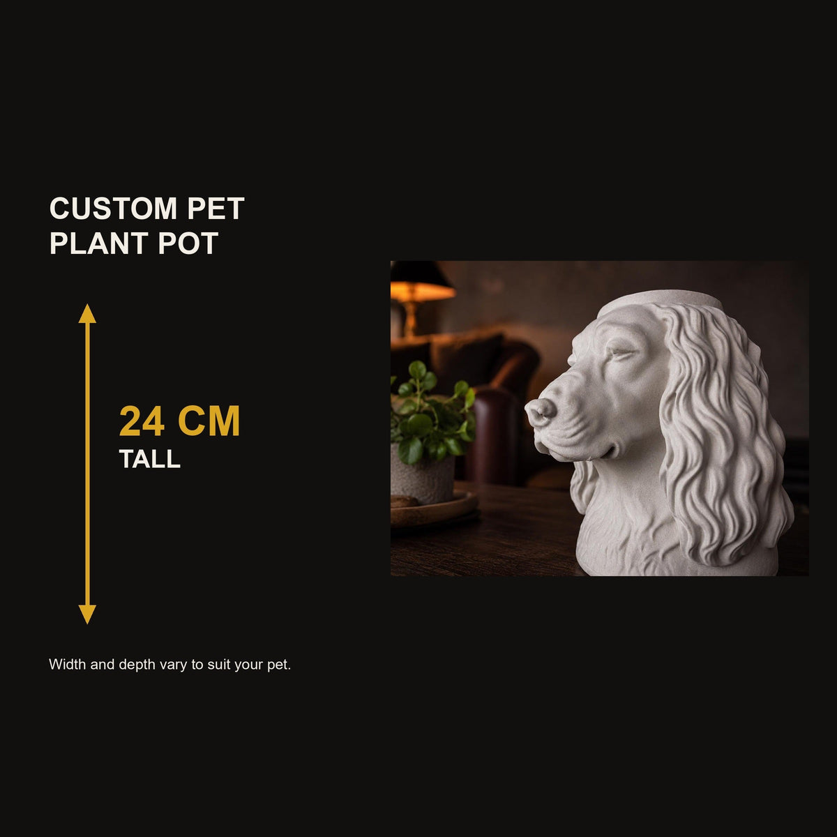 Custom pet portrait planter dimensions and size guide
