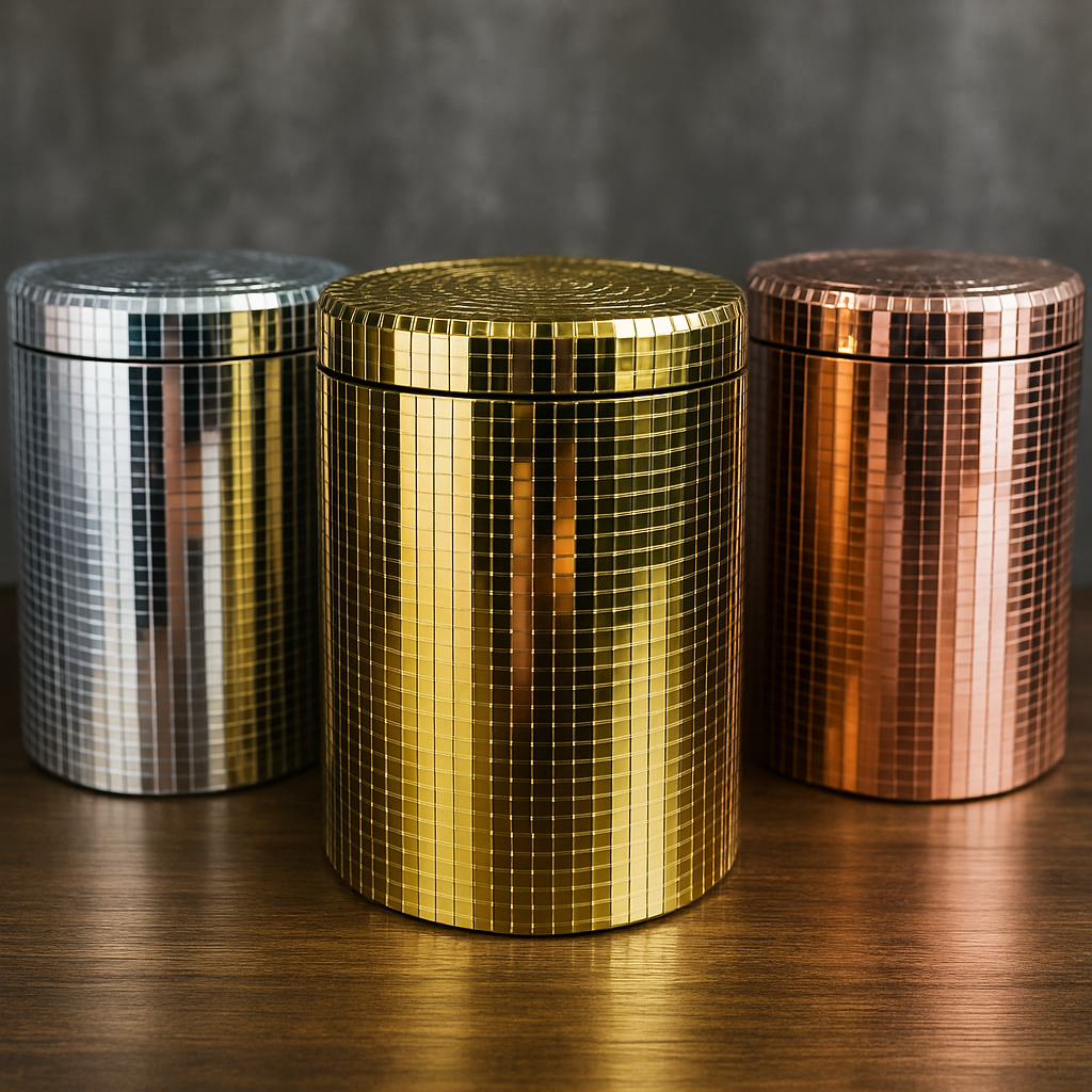 Silver, gold and rose gold mirror kitchen canisters grouped on a wooden surface