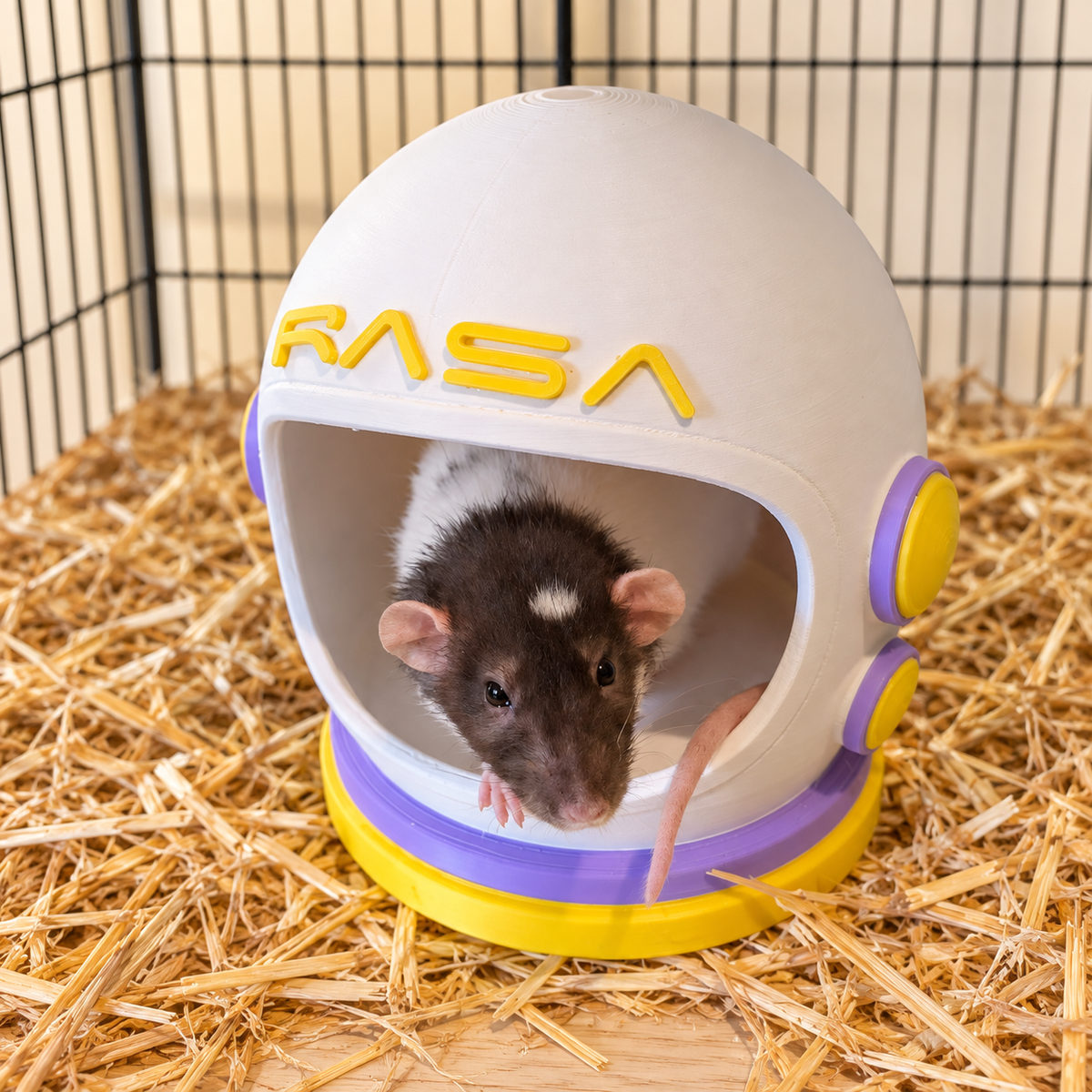 A black-and-white rat peeks from an ivory space helmet with lilac and yellow trim.
