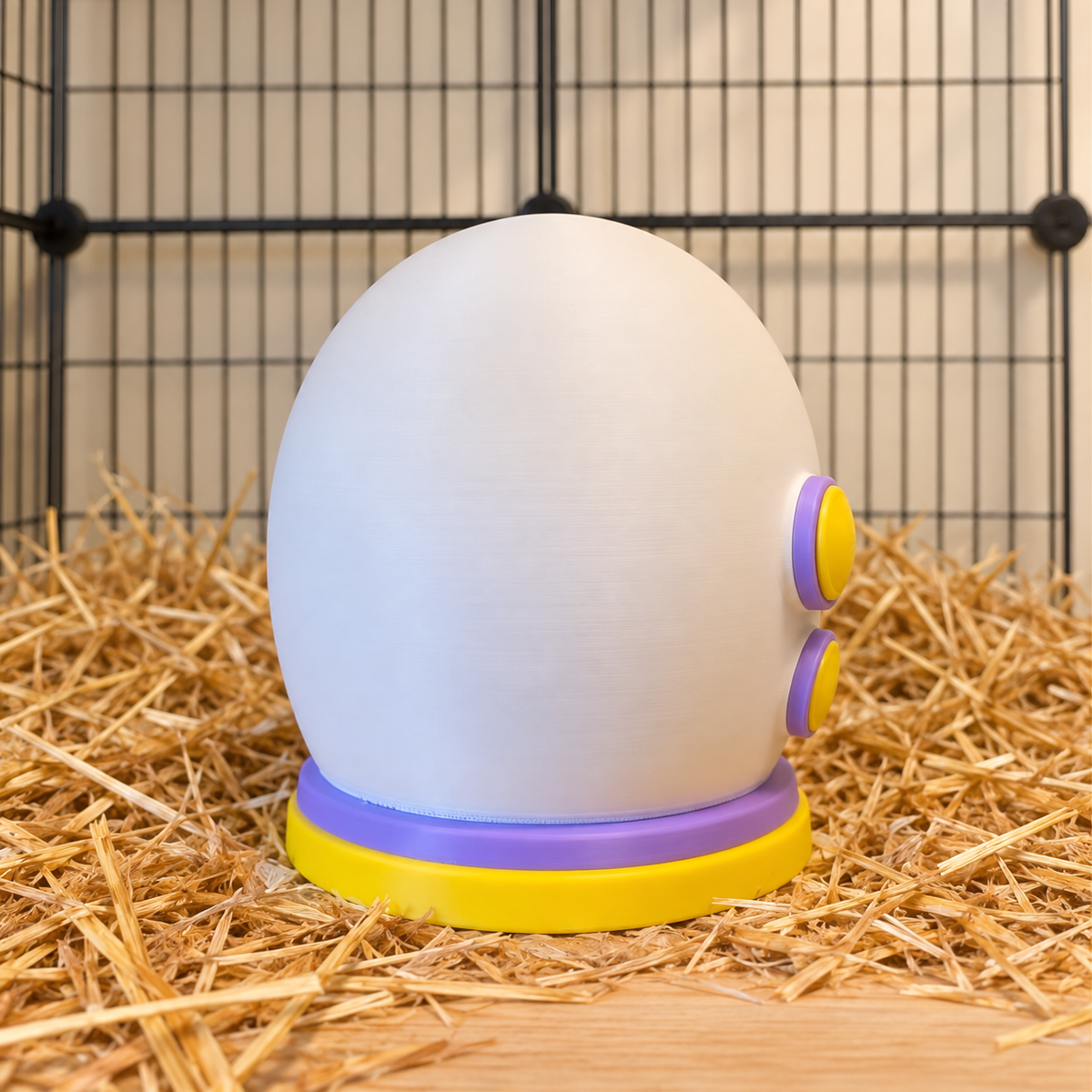 Rounded rear of the helmet with lilac and yellow base and two visible side discs.