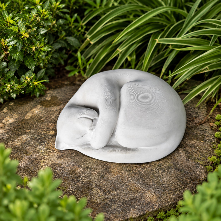 Sleeping Cat Garden Statue front view showing hand-finished cast stone detail