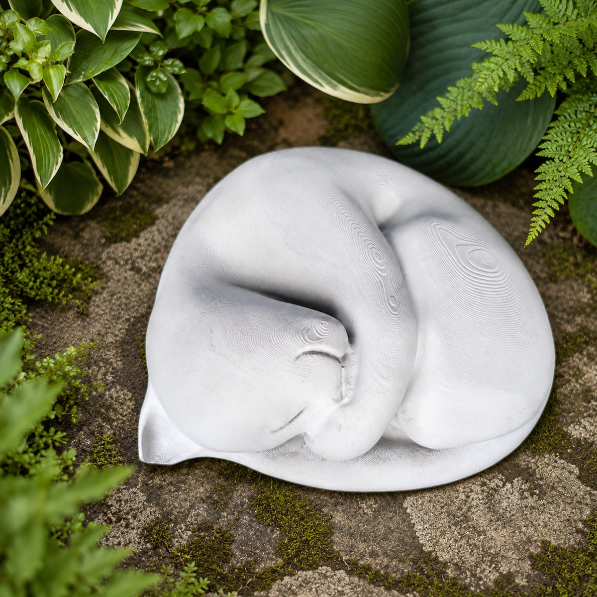 Sleeping Cat Garden Statue top view among garden foliage