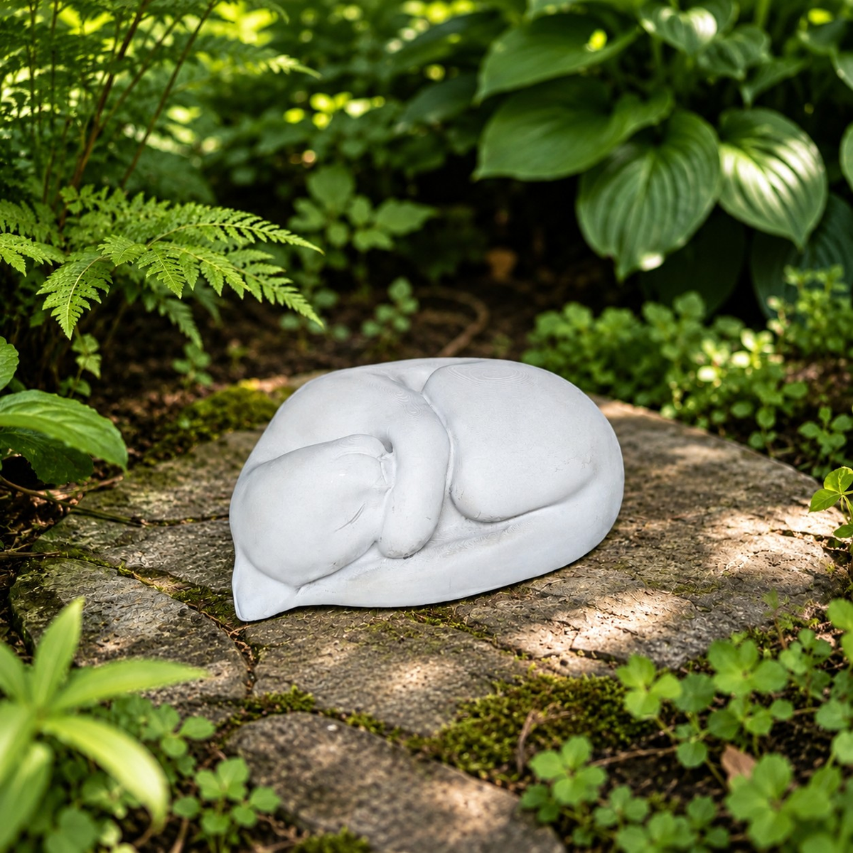 Sleeping Cat Garden Statue on a stone path in dappled light