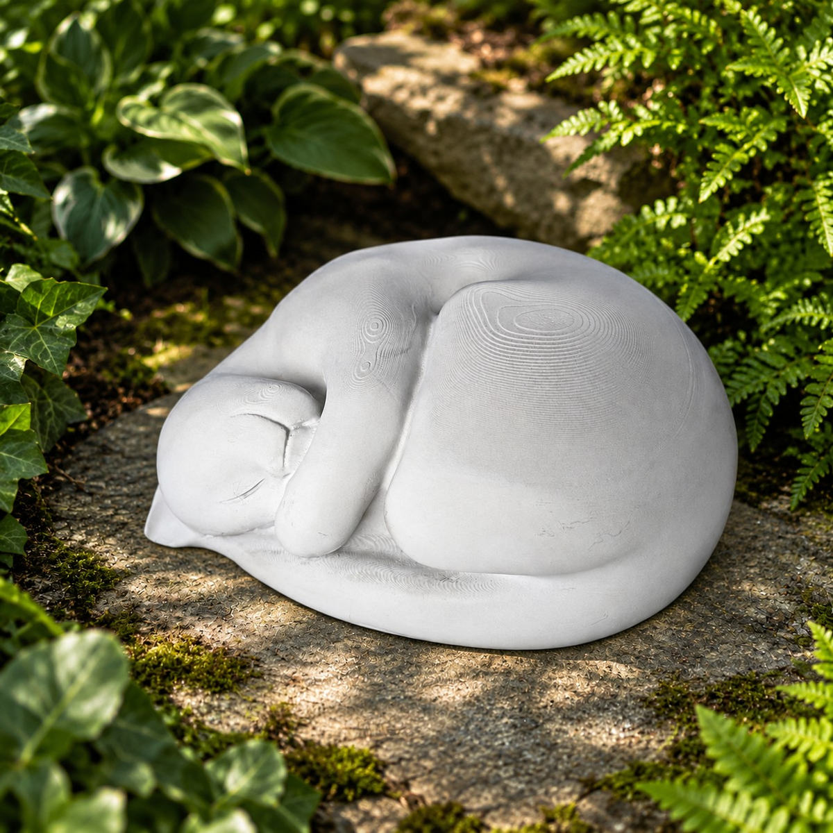 Sleeping Cat Garden Statue close front angle with carved fur texture