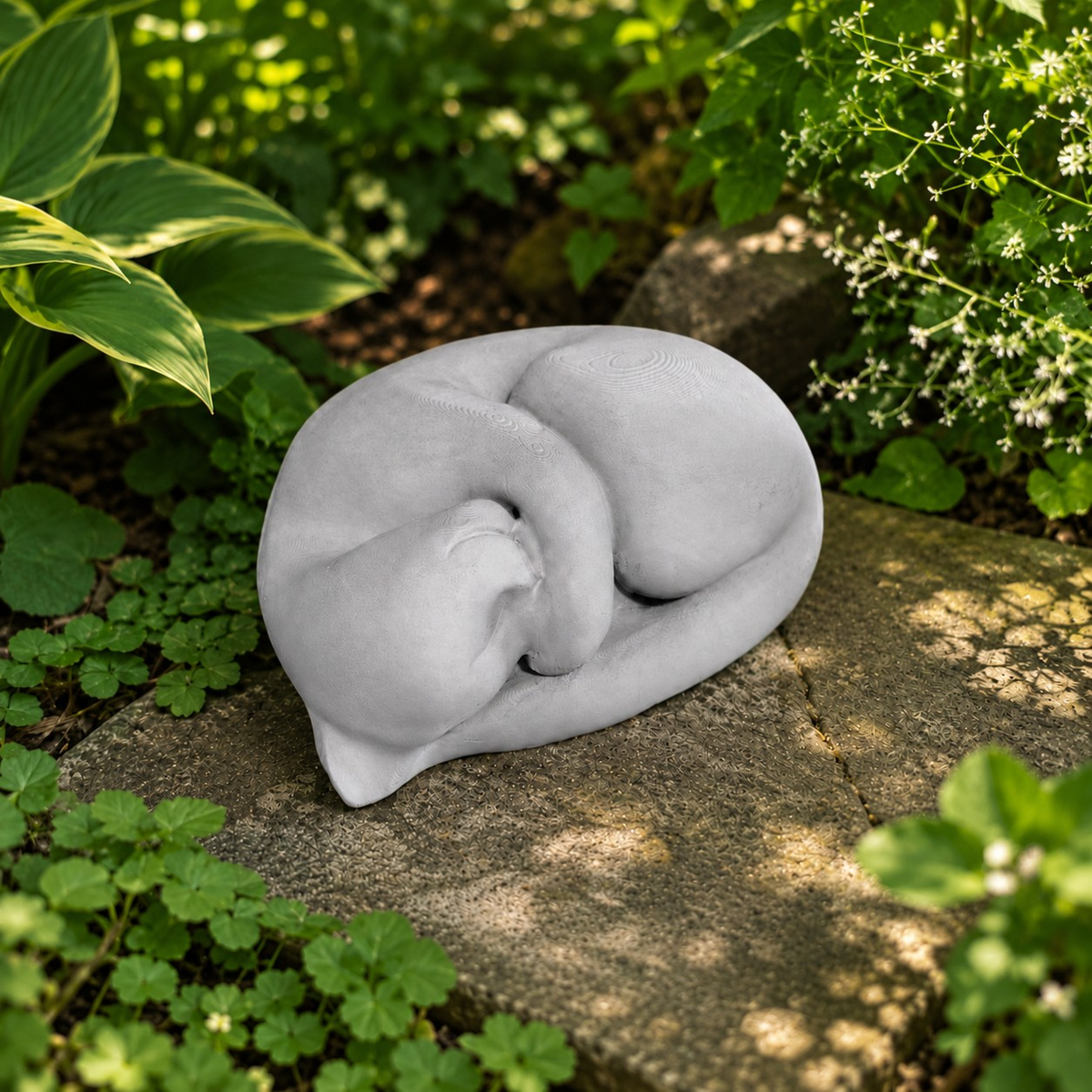 Sleeping Cat Garden Statue angled garden view among green planting