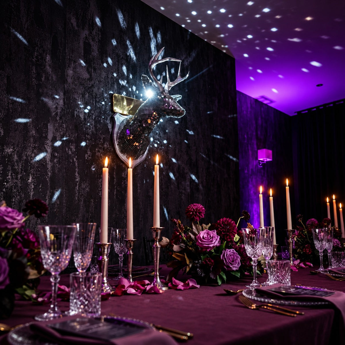 Stag Night as wedding centrepiece with candles and flowers