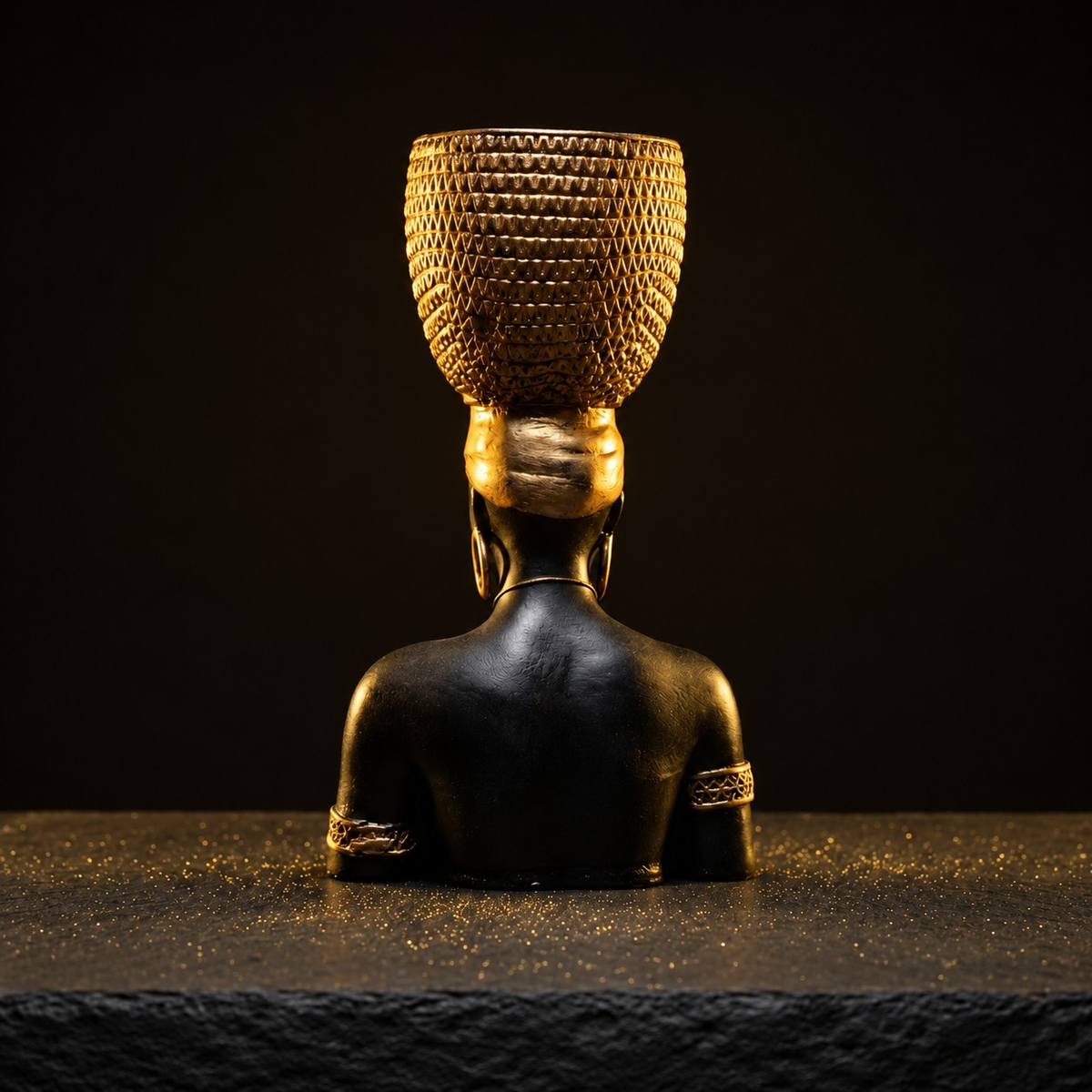 Rear view of Harvest Goddess planter showing the gold basket finish