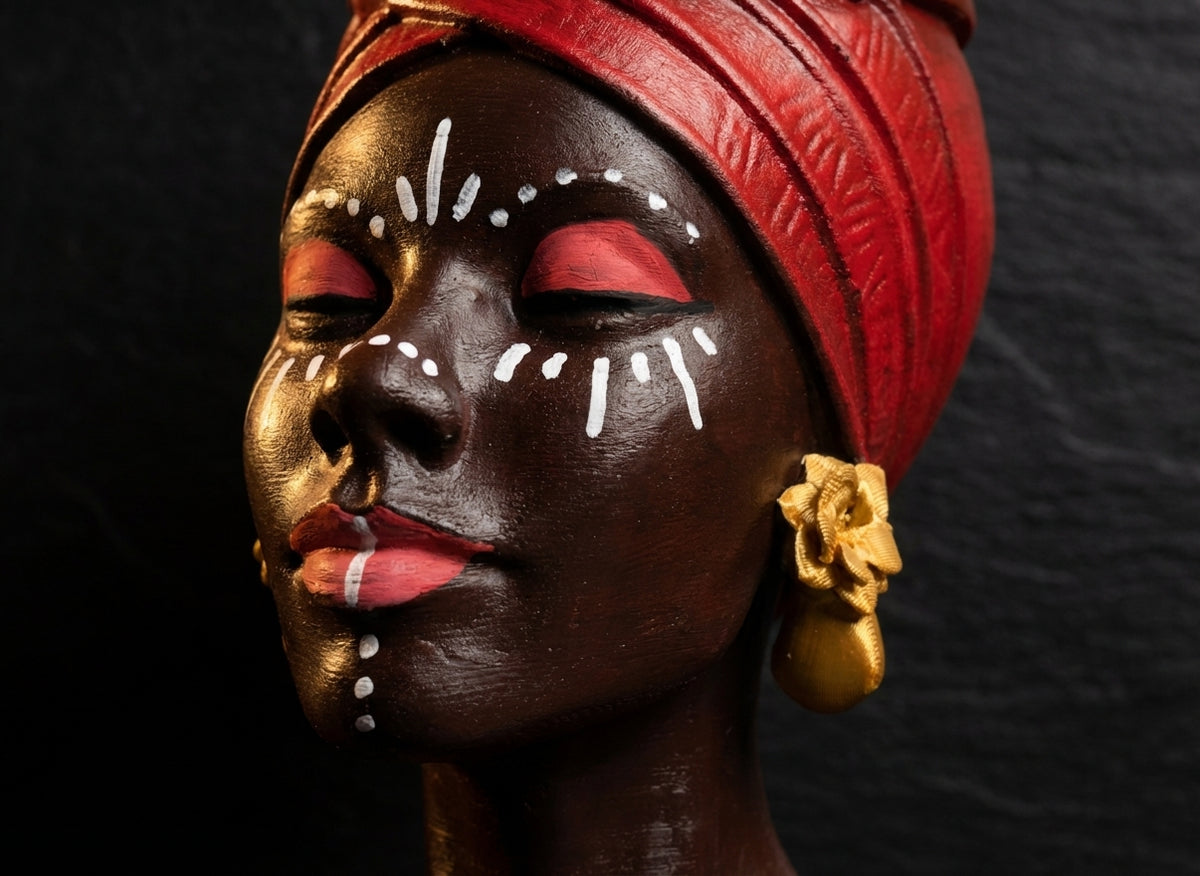 Close-up of Afro woman planter face showing hand-painted detail and gold earring