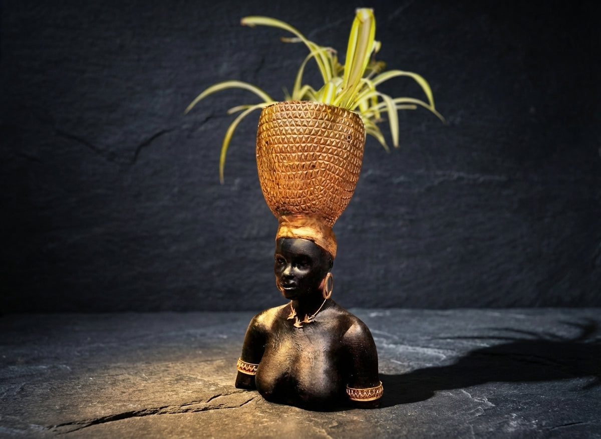 Harvest Goddess planter with spider plant on a textured stone surface