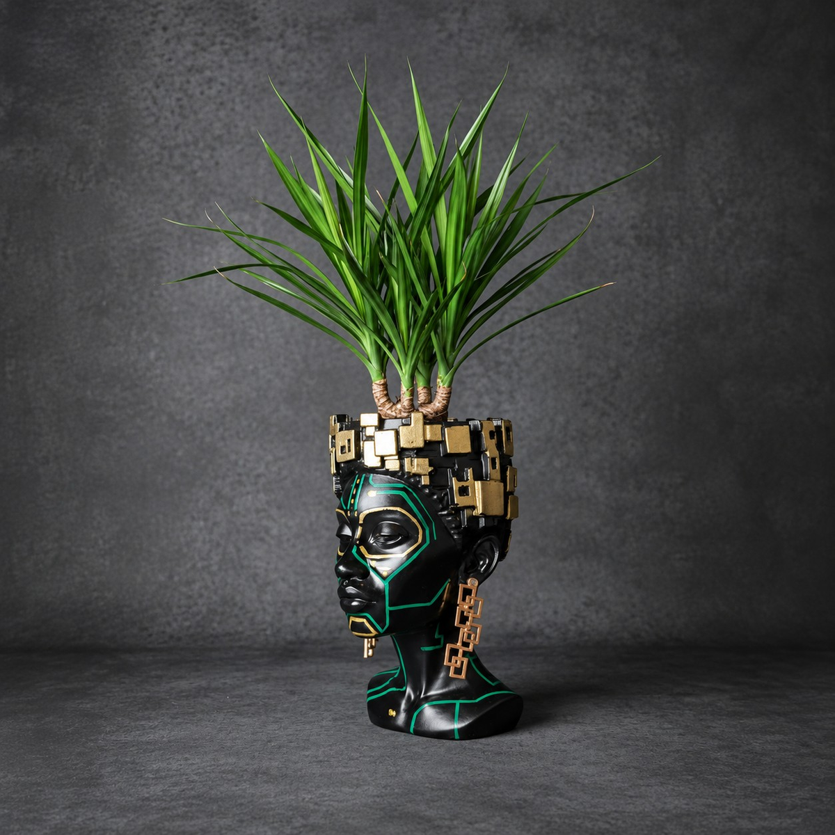 Side profile of The Motherboard head planter holding a dracaena