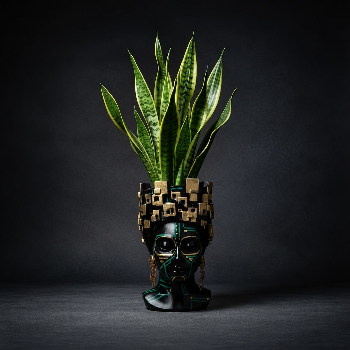 Three-quarter view of The Motherboard head planter holding a peace lily