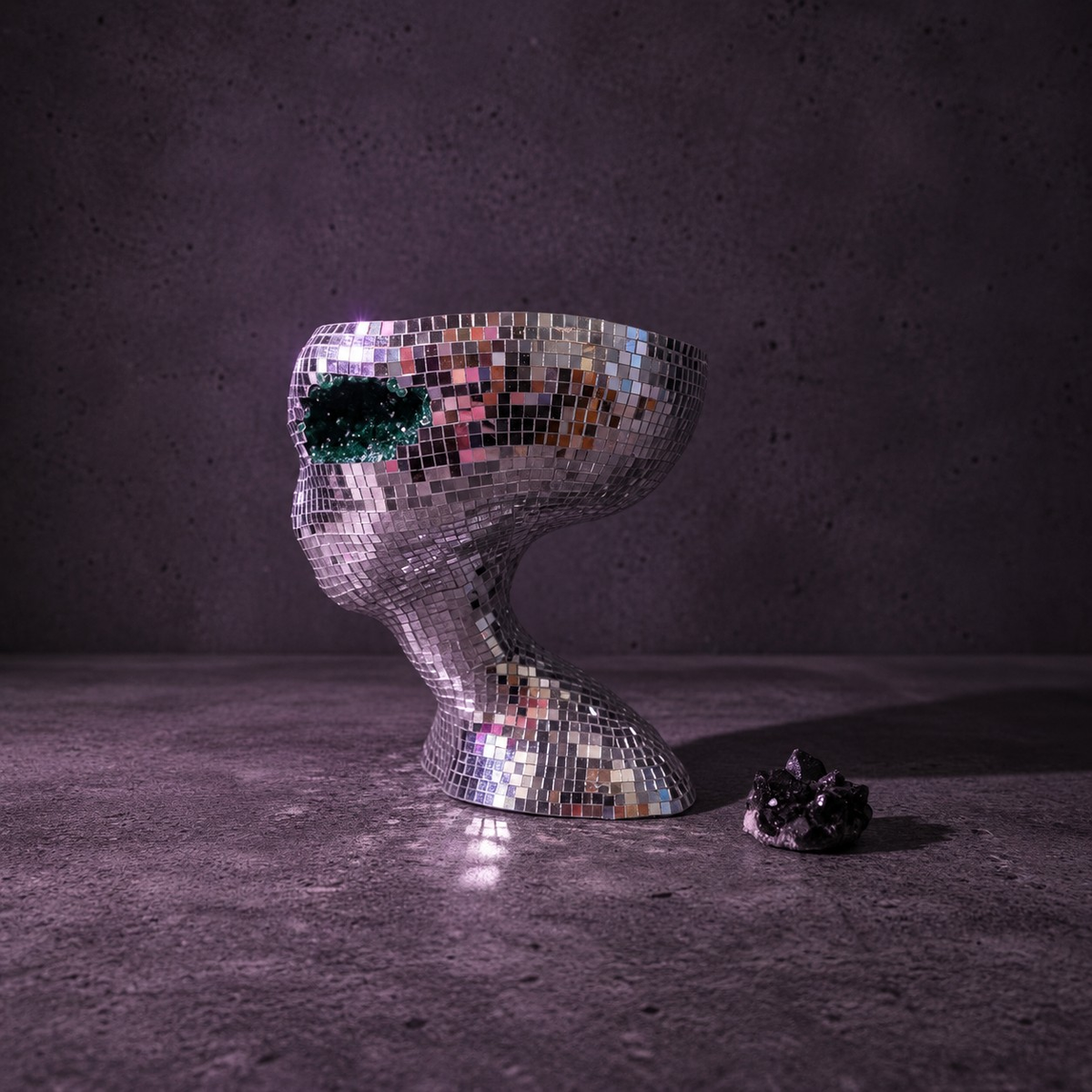 Mirror ball alien head with hand-finished glass mirror tiles - Ripleys Nest