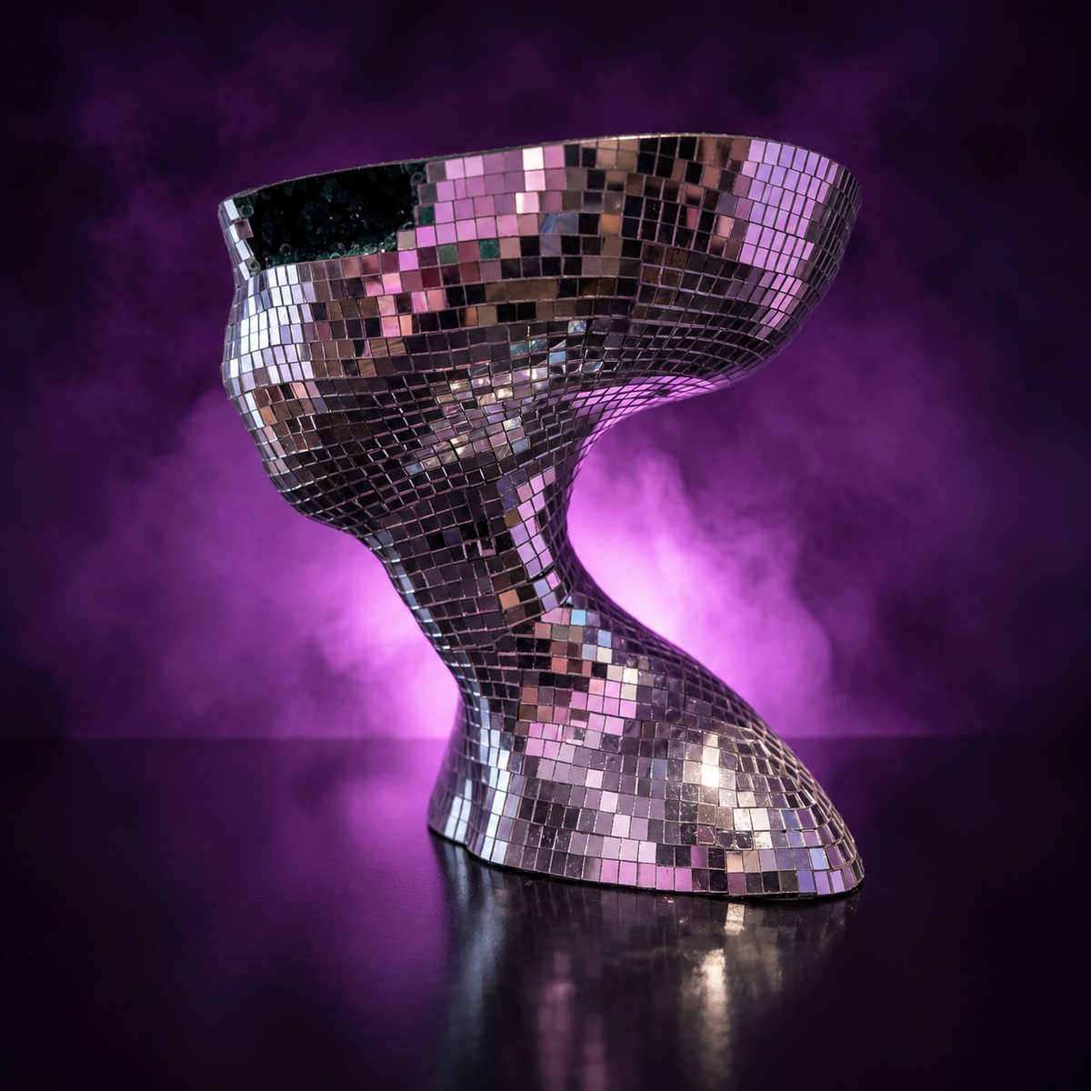 The Close Encounter alien sculpture with reflective mirror ball finish