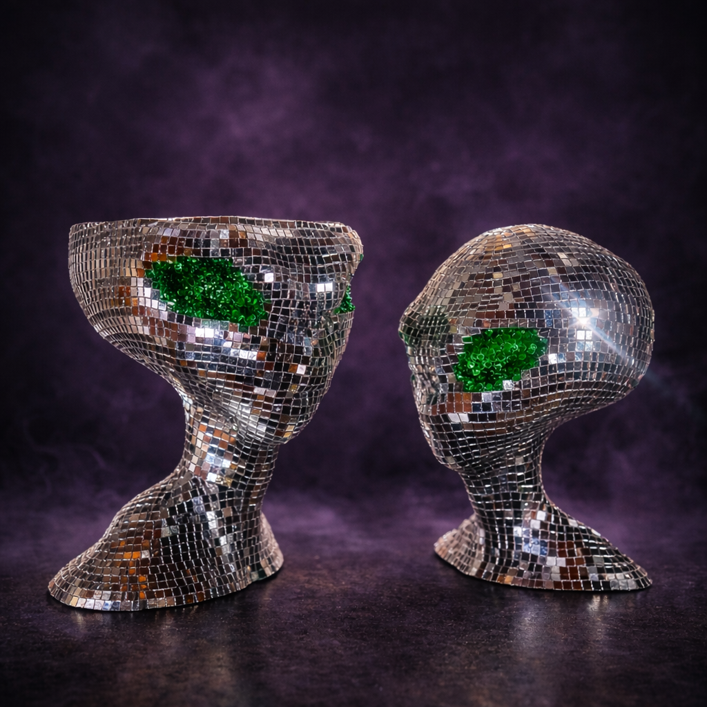Mirror ball alien planter side profile with green crystal eyes